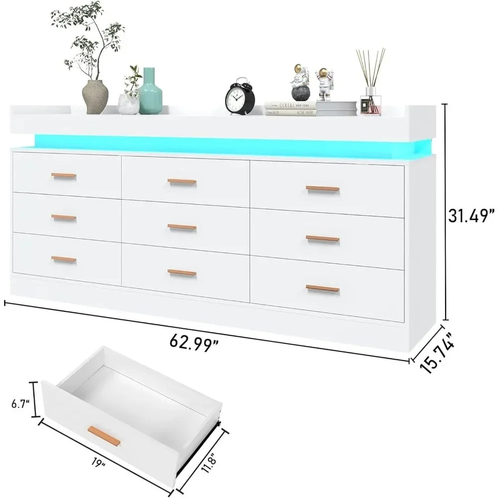 Modern Dresser 9 Drawer with LED