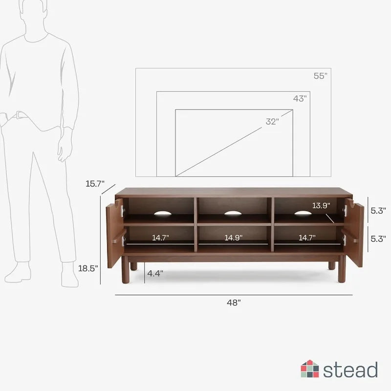 Low Profile Recessed TV Stand - Mid-Century Media Console - Living Room Furniture - 48" with Shelves and Doors