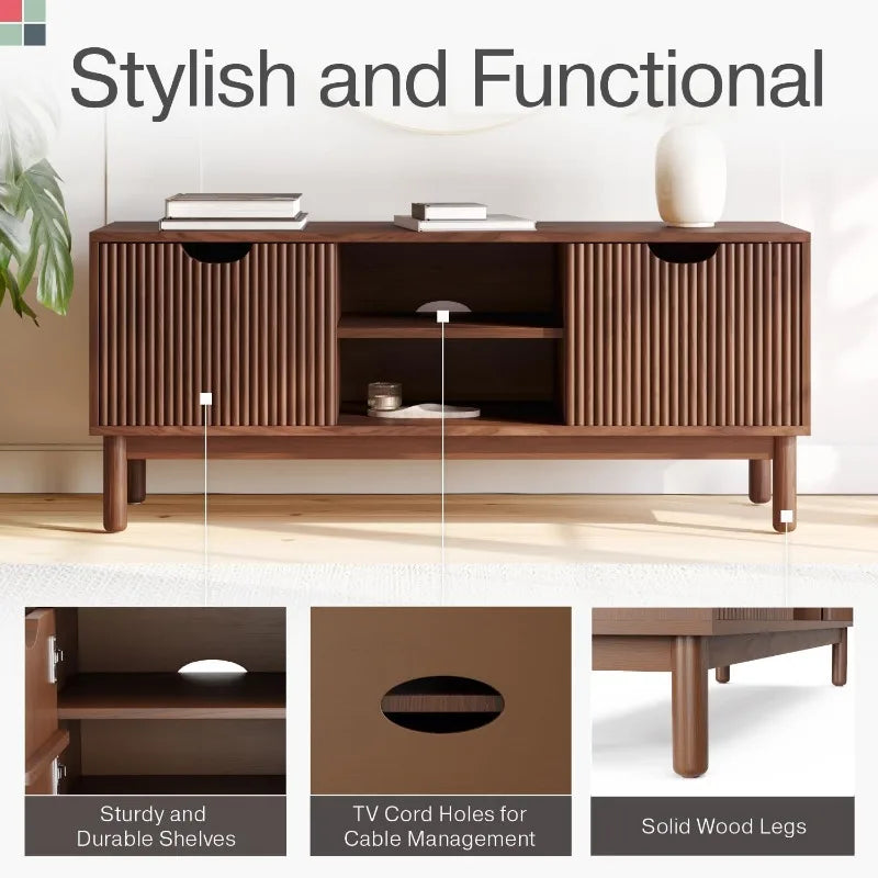 Low Profile Recessed TV Stand - Mid-Century Media Console - Living Room Furniture - 48" with Shelves and Doors