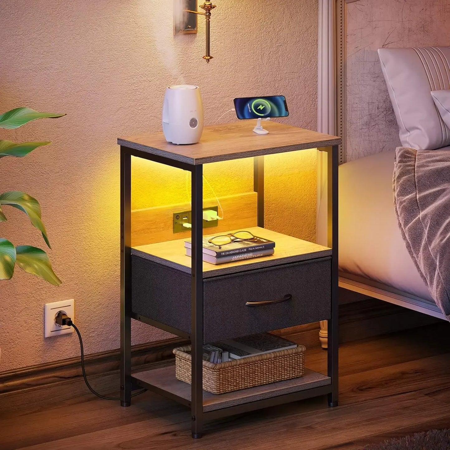 Nightstand with Charging Station, LED