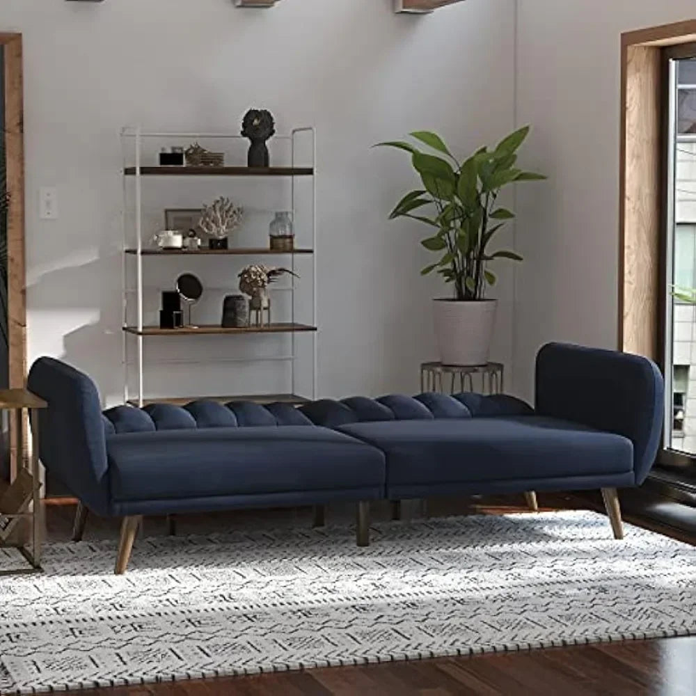 Sofa Futon, Premium Linen Upholstery and Wooden Legs, Blue Linen