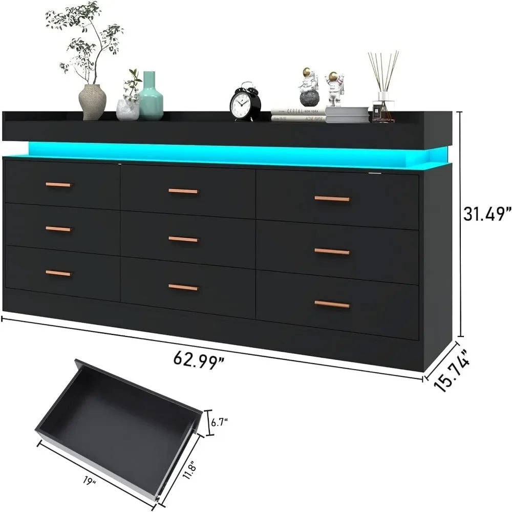 Modern Dresser 9 Drawer with LED