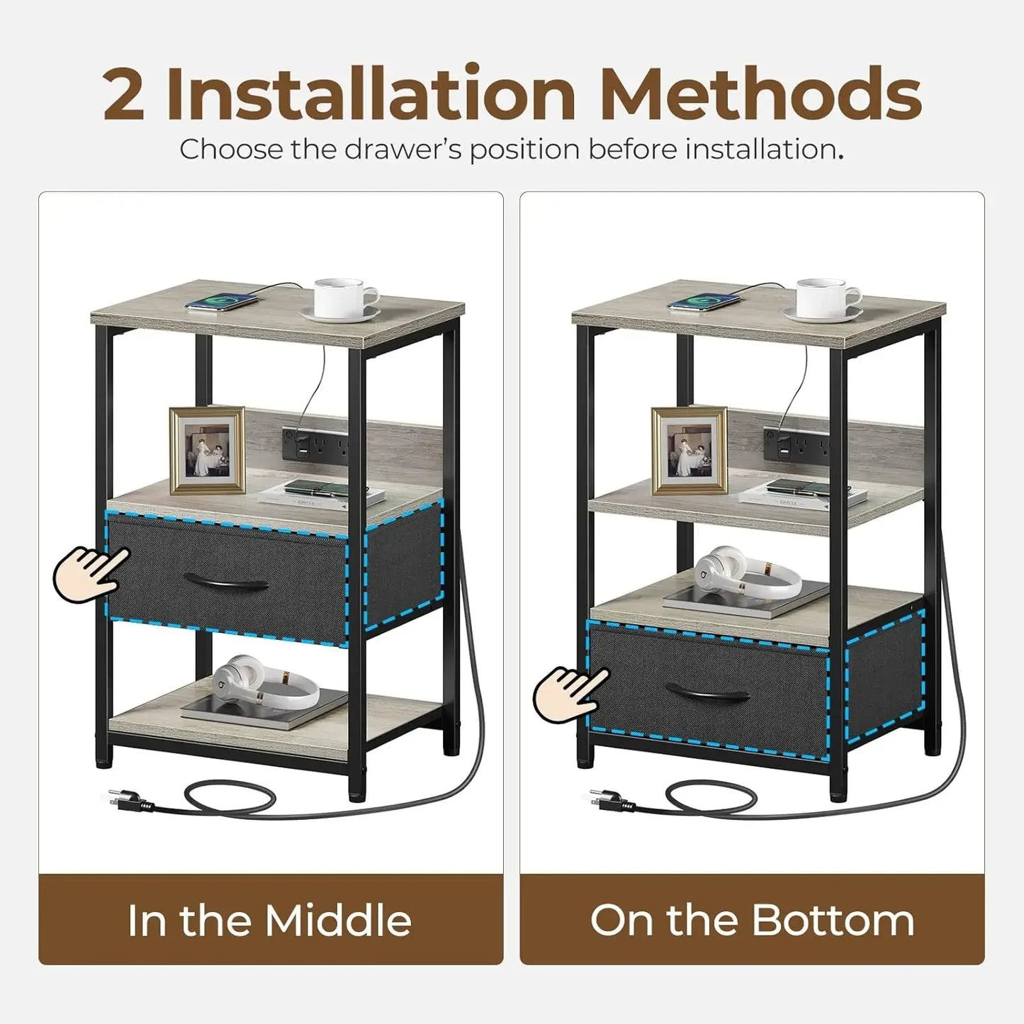 Nightstand with Charging Station, LED