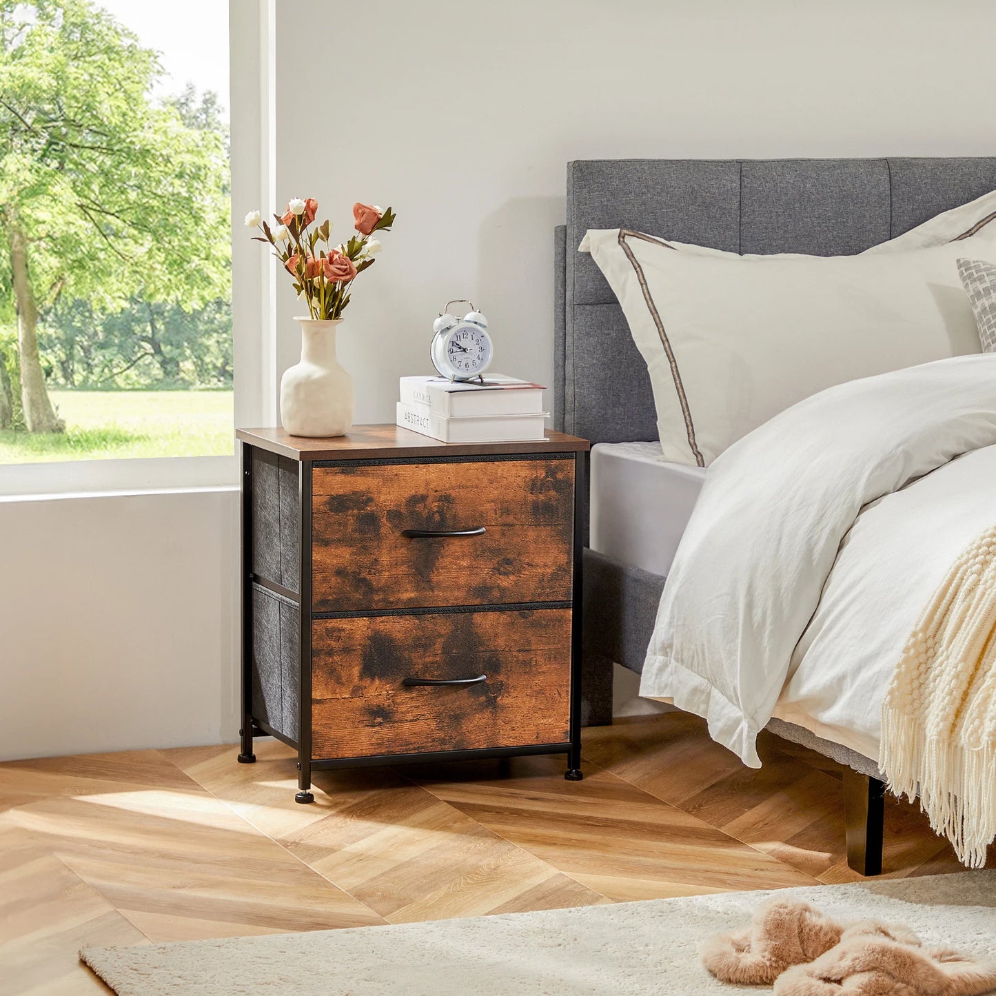 Nightstand For Bedroom With 2 Fabric Drawers