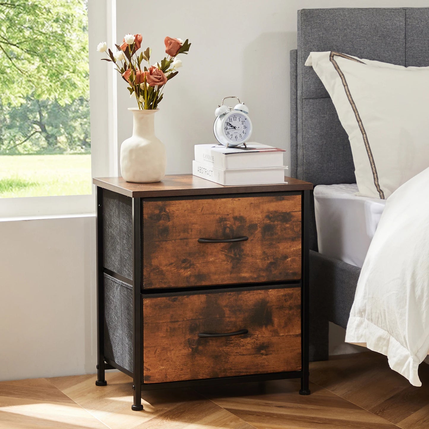 Nightstand For Bedroom With 2 Fabric Drawers