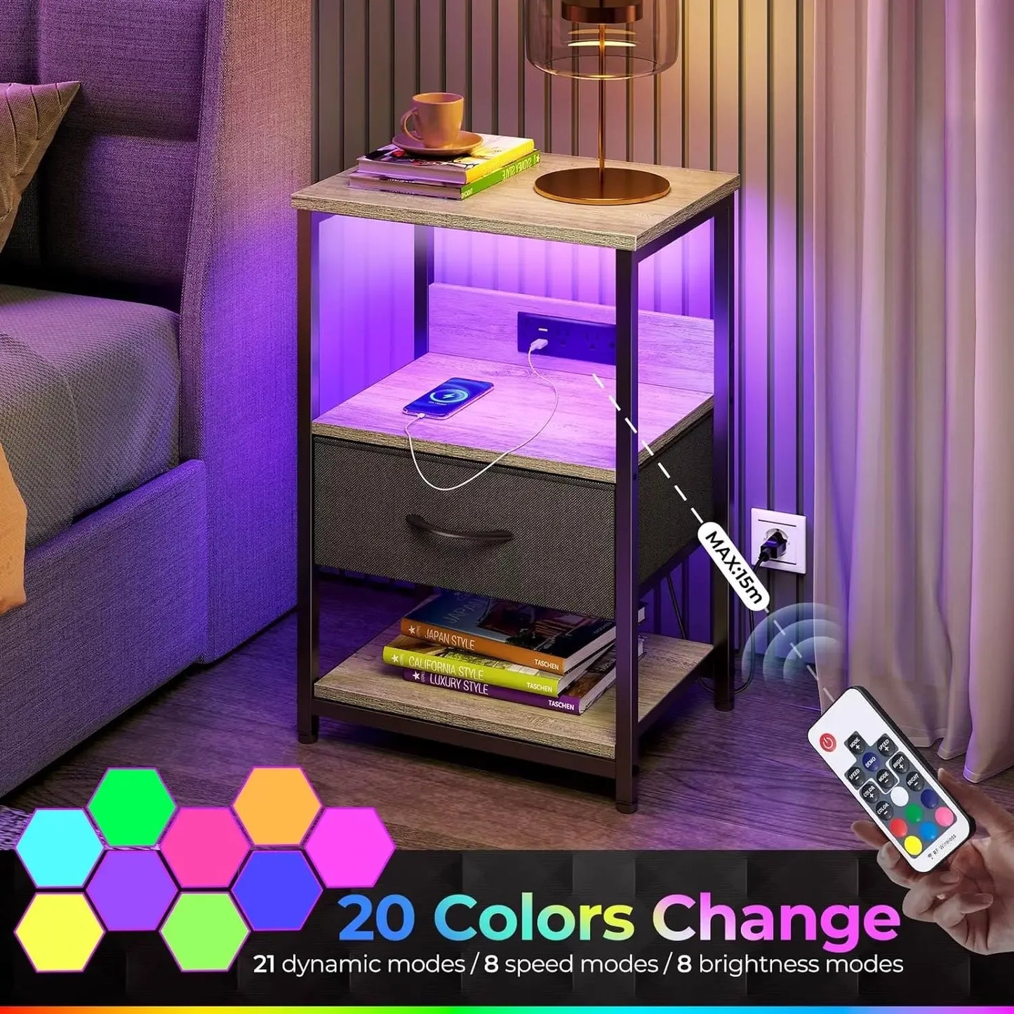 Nightstand with Charging Station, LED