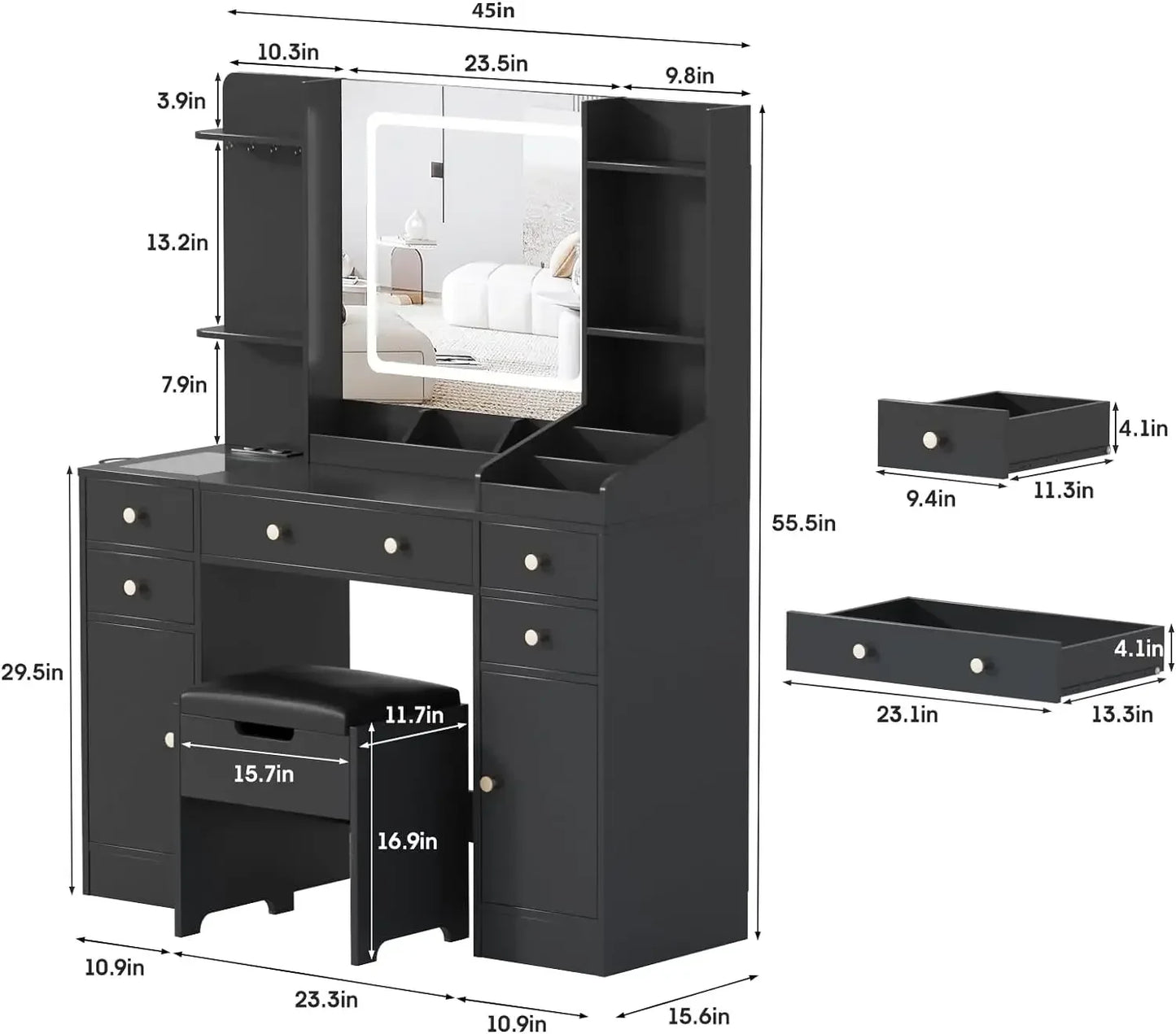 45in Makeup Table w/10 Lights & Power Outlets