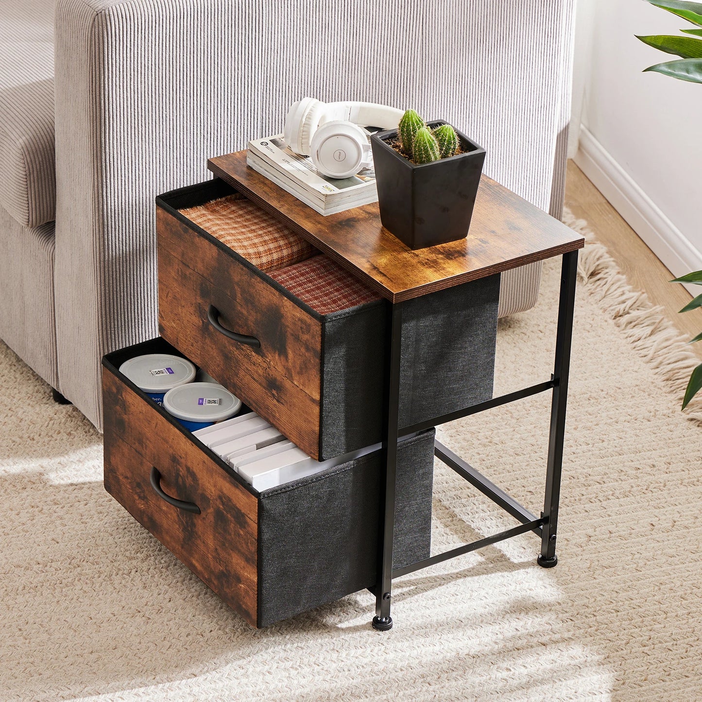 Nightstand For Bedroom With 2 Fabric Drawers