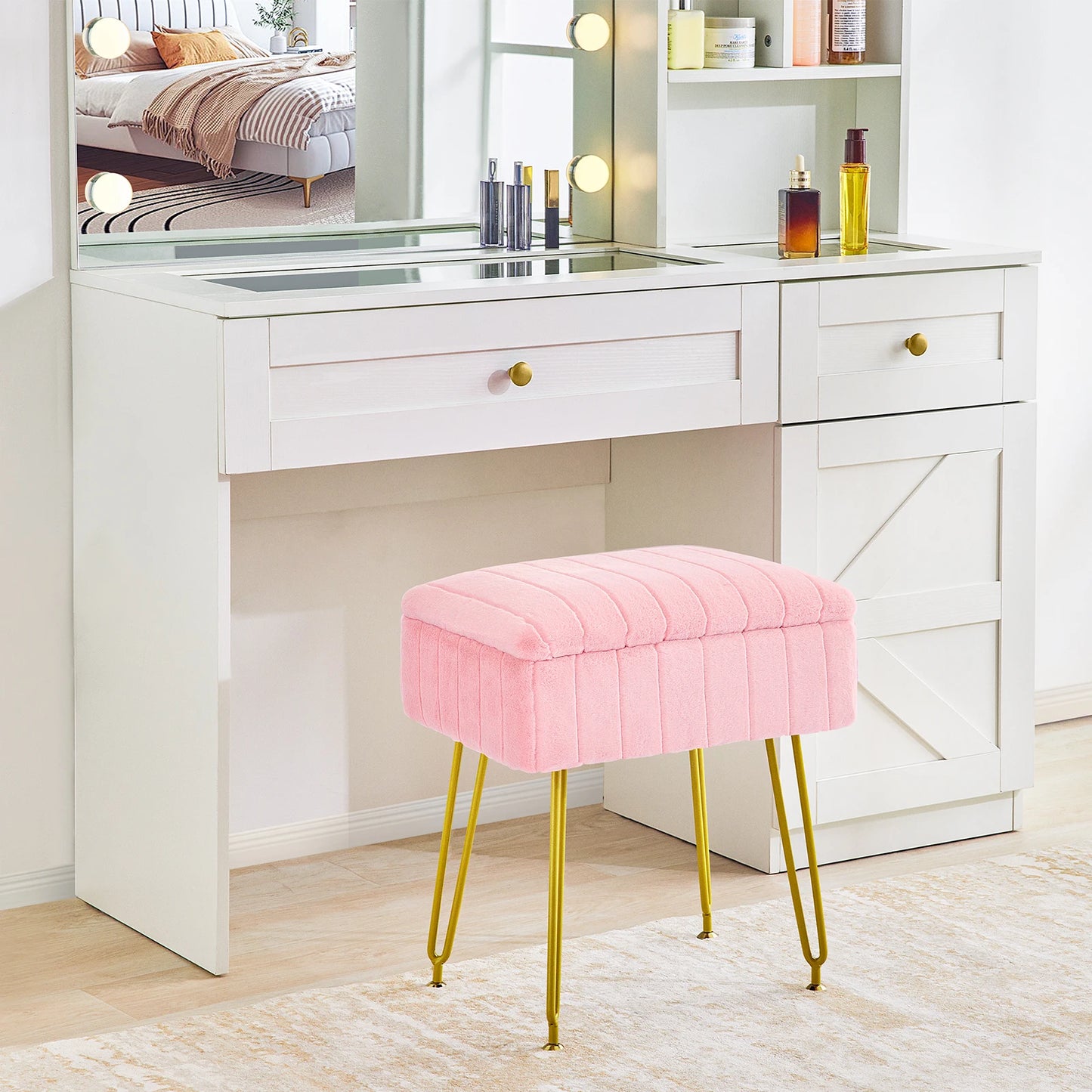 Vanity Stool Chair with Storage Faux Fur