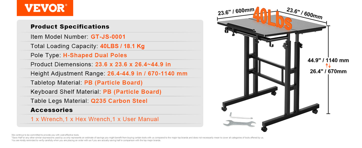 VEVOR 26.4"-44.9" Gas-Spring Height Adjustable Sit-Stand Desk